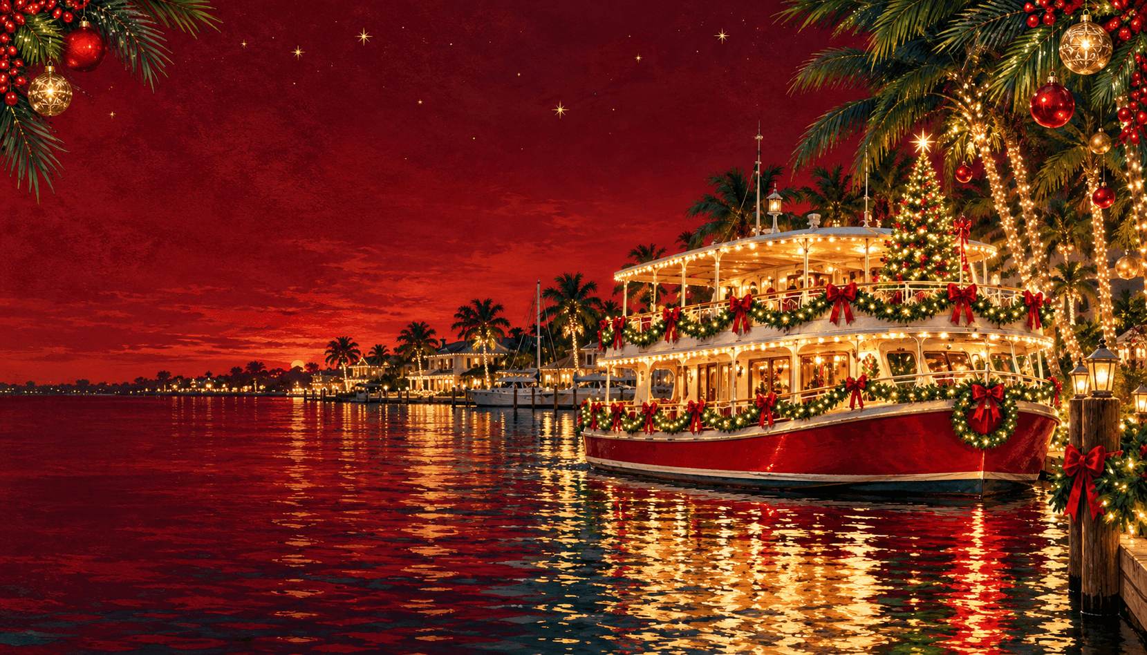 Christmas cruise illustration with a decorated boat, palms, and golden holiday lights
